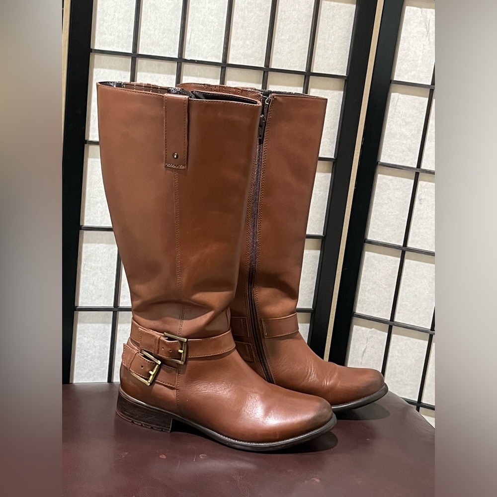 CLARKS PLAZA STEER WOMENS KNEE-HIGH BROWN LEATHER BOOTS SIZE 9.5 M